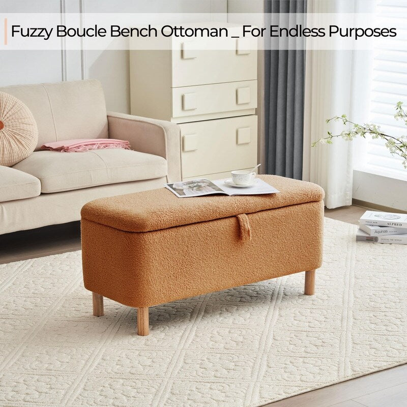 Banquette de rangement en bouclé blanc cassé Sherpa, 39,5 pouces, pouf de rangement, repose-pieds, pour salon, chambre à coucher, avec pieds en bois.