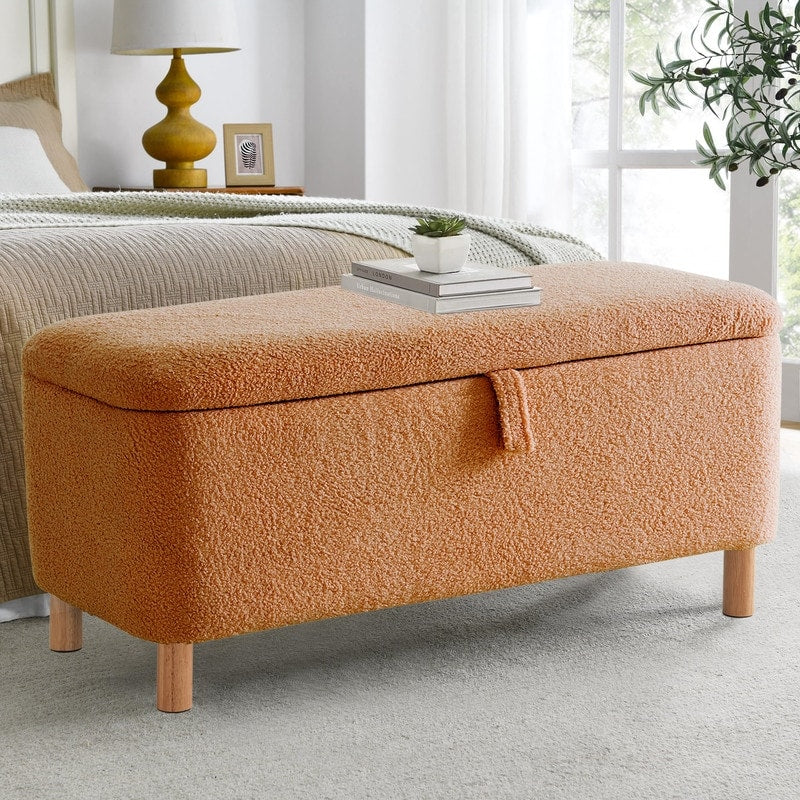 Banquette de rangement en bouclé blanc cassé Sherpa, 39,5 pouces, pouf de rangement, repose-pieds, pour salon, chambre à coucher, avec pieds en bois.