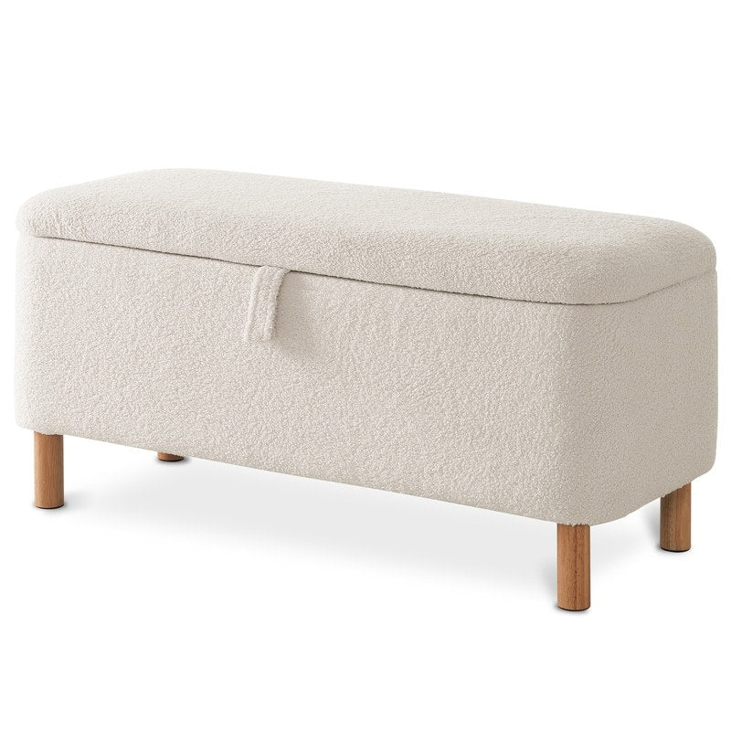 Banquette de rangement en bouclé blanc cassé Sherpa, 39,5 pouces, pouf de rangement, repose-pieds, pour salon, chambre à coucher, avec pieds en bois.