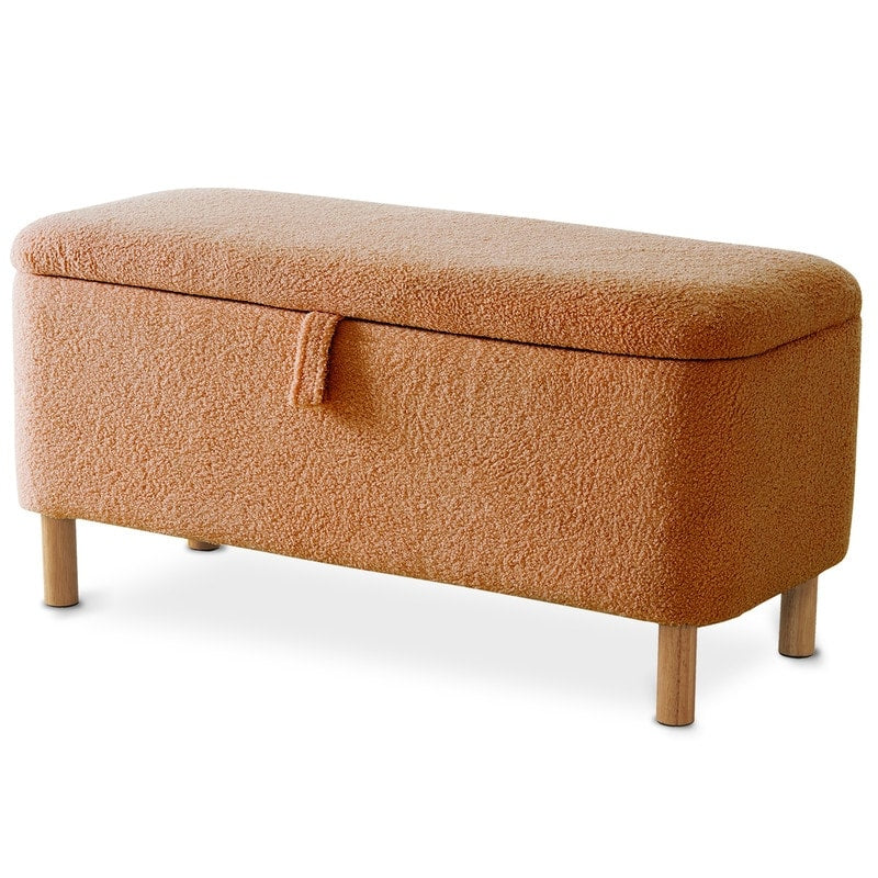 Banquette de rangement en bouclé blanc cassé Sherpa, 39,5 pouces, pouf de rangement, repose-pieds, pour salon, chambre à coucher, avec pieds en bois.