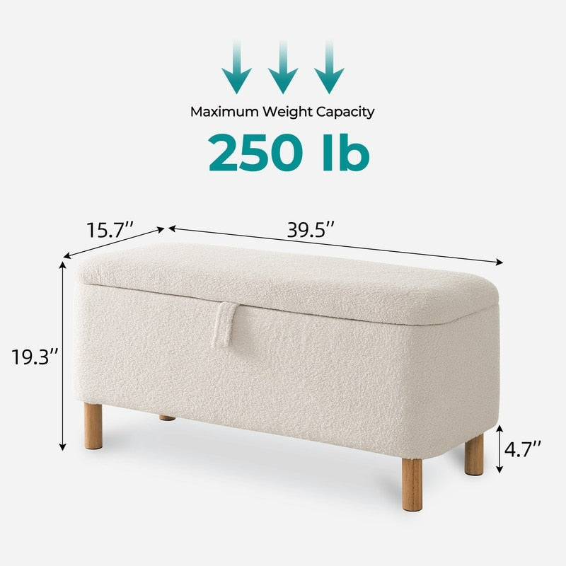 Banquette de rangement en bouclé blanc cassé Sherpa, 39,5 pouces, pouf de rangement, repose-pieds, pour salon, chambre à coucher, avec pieds en bois.