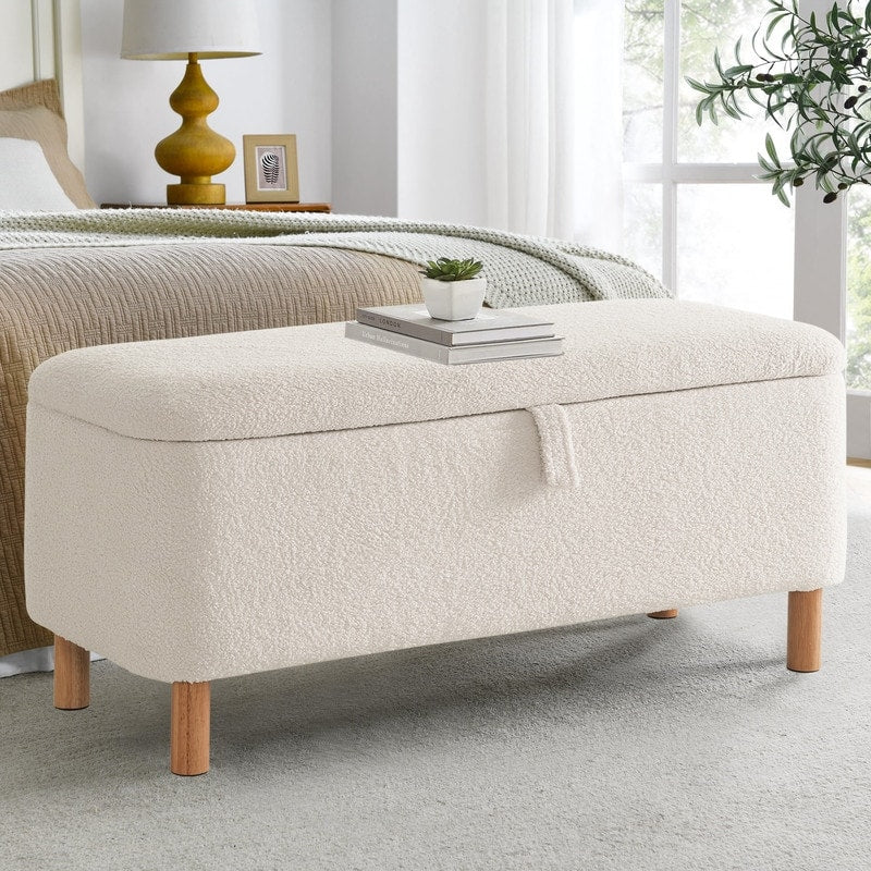 Banquette de rangement en bouclé blanc cassé Sherpa, 39,5 pouces, pouf de rangement, repose-pieds, pour salon, chambre à coucher, avec pieds en bois.
