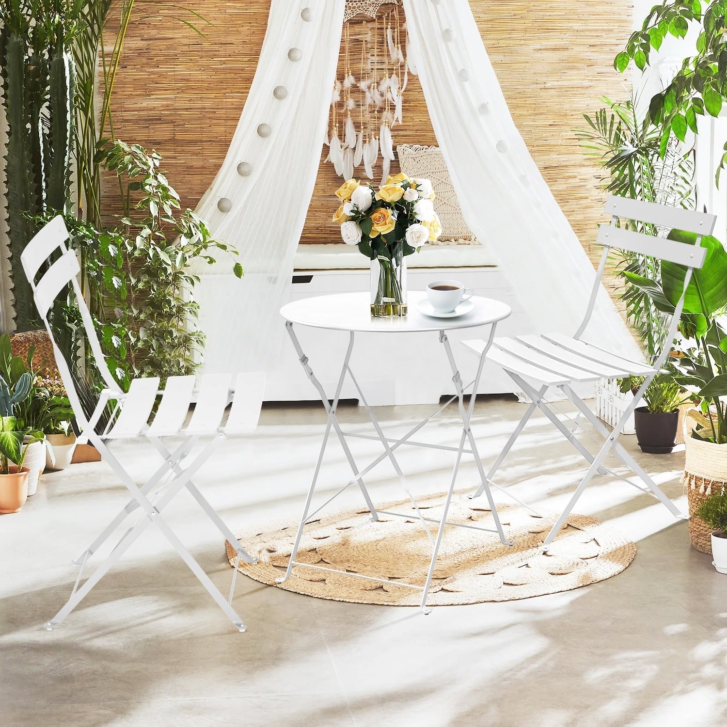 Ensemble bistro pliable en métal 3 pièces, résistant aux intempéries, idéal pour l'intérieur et l'extérieur, avec terrasse, jardin ou cour.