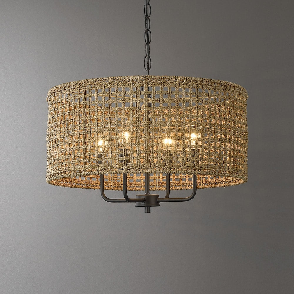 Luminaire suspendu bohémien en forme de tambour, tissé à la main, à 4 lumières - Paille - 50,8 cm de largeur