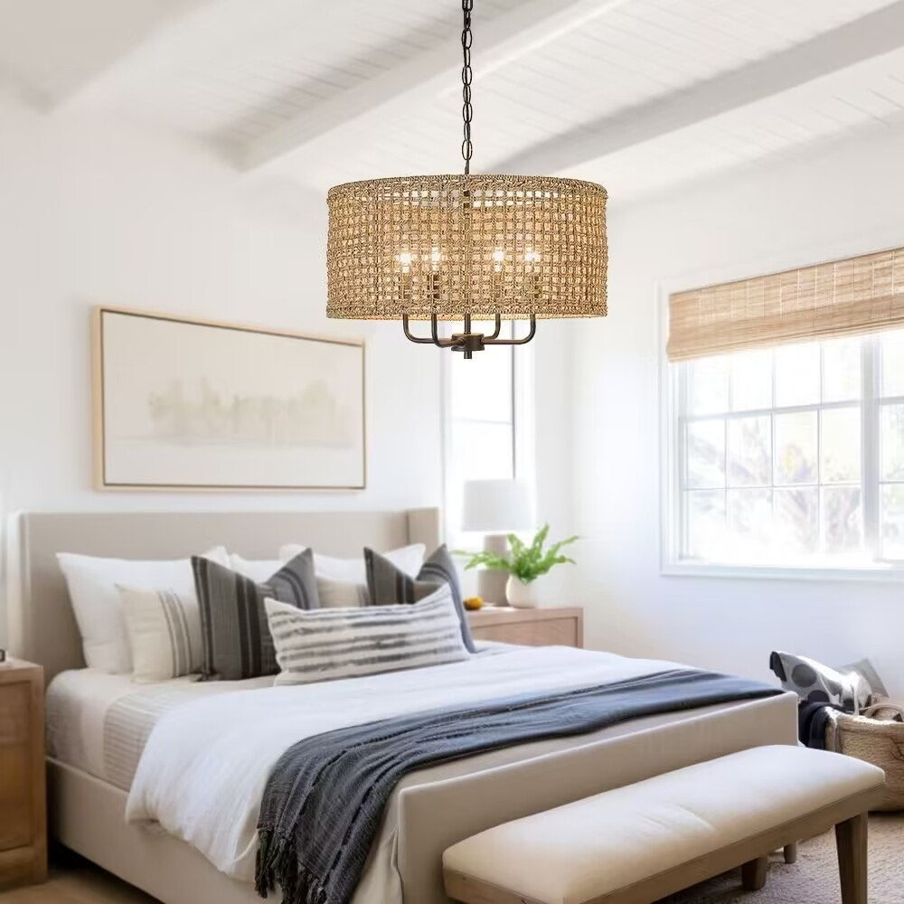 Luminaire suspendu bohémien en forme de tambour, tissé à la main, à 4 lumières - Paille - 50,8 cm de largeur