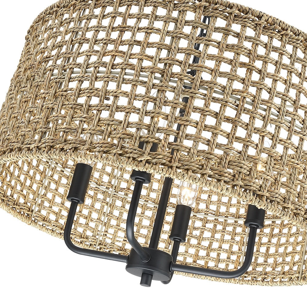 Luminaire suspendu bohémien en forme de tambour, tissé à la main, à 4 lumières - Paille - 50,8 cm de largeur