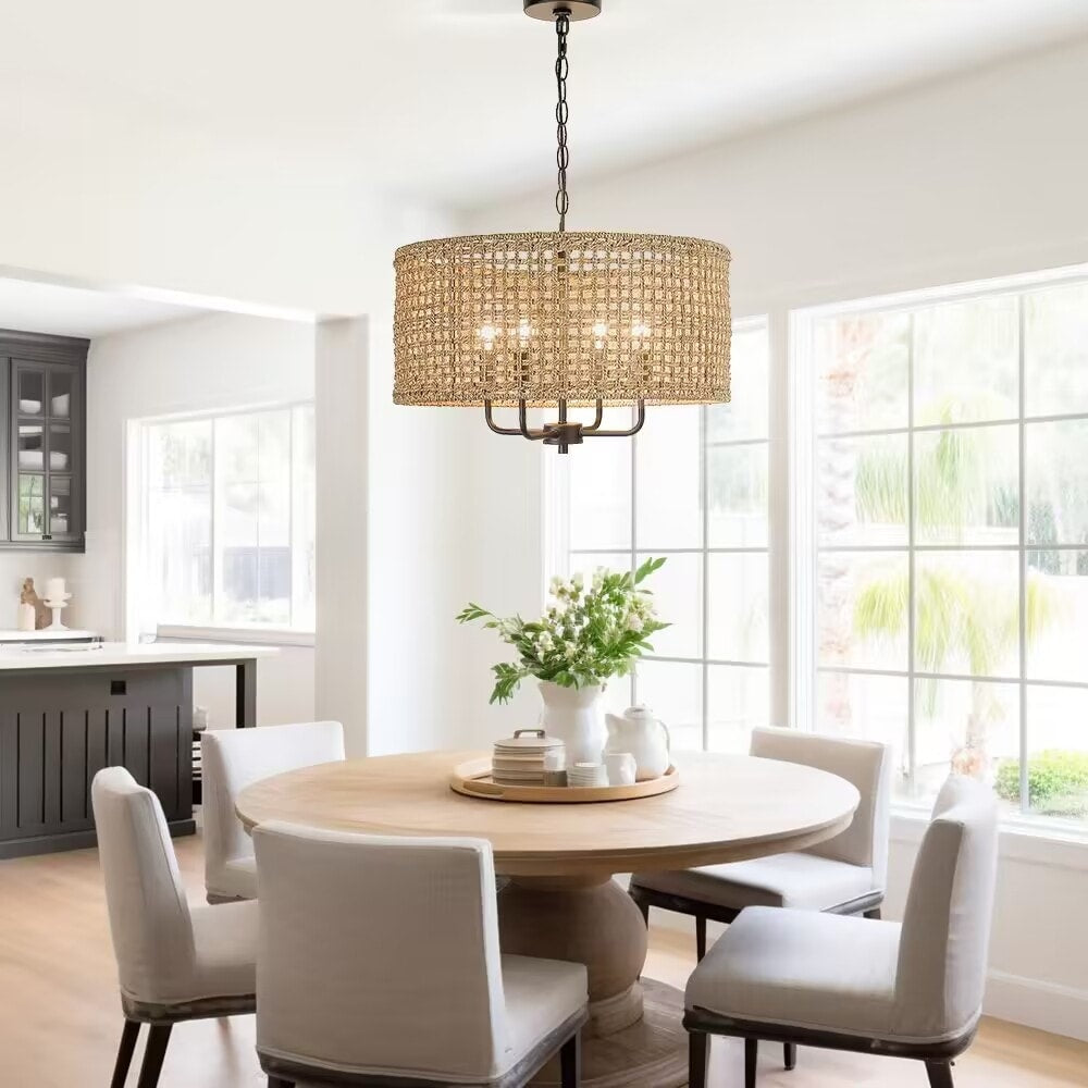 Luminaire suspendu bohémien en forme de tambour, tissé à la main, à 4 lumières - Paille - 50,8 cm de largeur