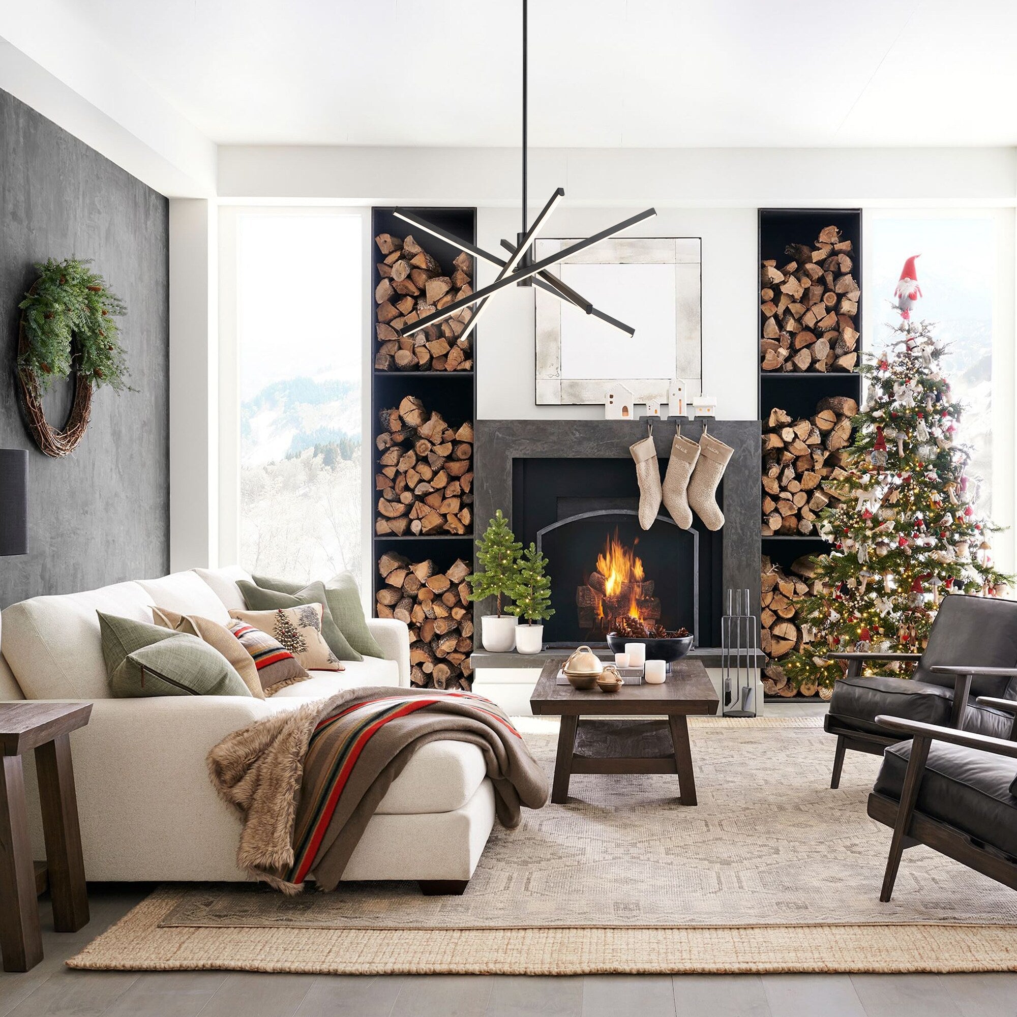 Luminaire suspendu linéaire en forme d'étoile de Sputnik, en aluminium noir/doré moderne, à LED, pour salon/salle à manger/cuisine.