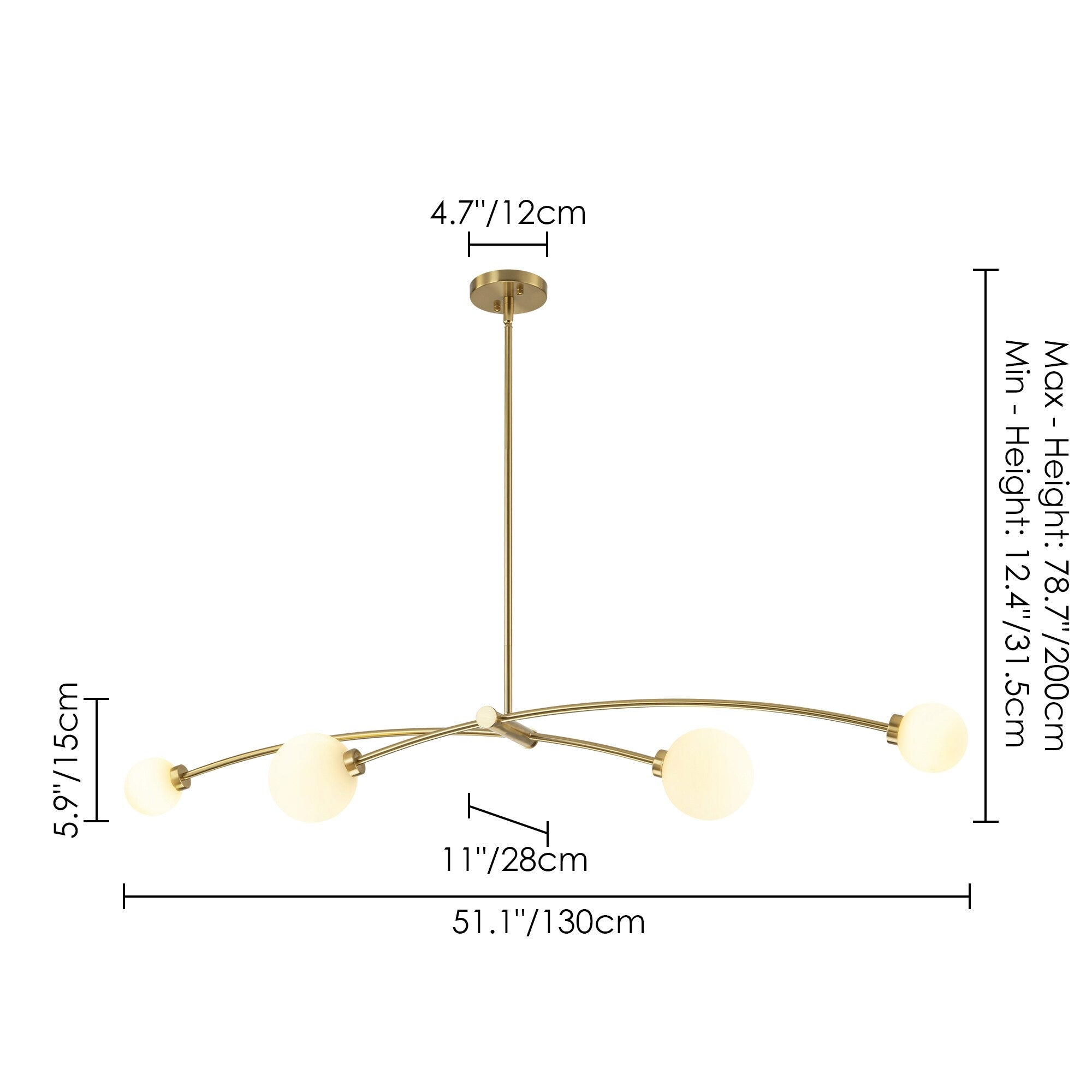 Suspension moderne simple en forme de sputnik à 4 lumières, couleur or, pour îlot de cuisine/salle à manger - 130,5 cm L x 28 cm P x 15 cm H