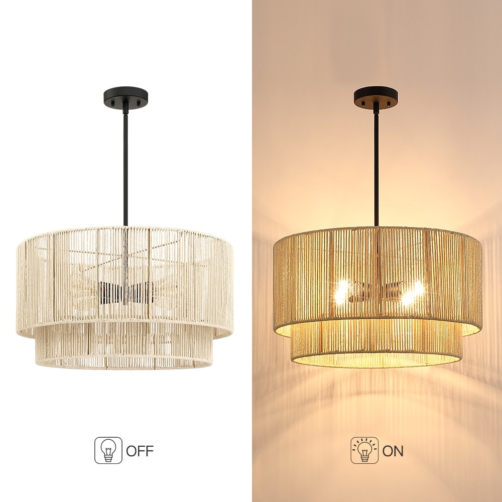 Suspension à 4 lumières en rotin à plusieurs niveaux, avec abat-jour noir - 56 cm de largeur