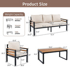 Ensemble de canapé d'extérieur 4 pièces pour 5 personnes avec coussin amovible et table basse en bois massif