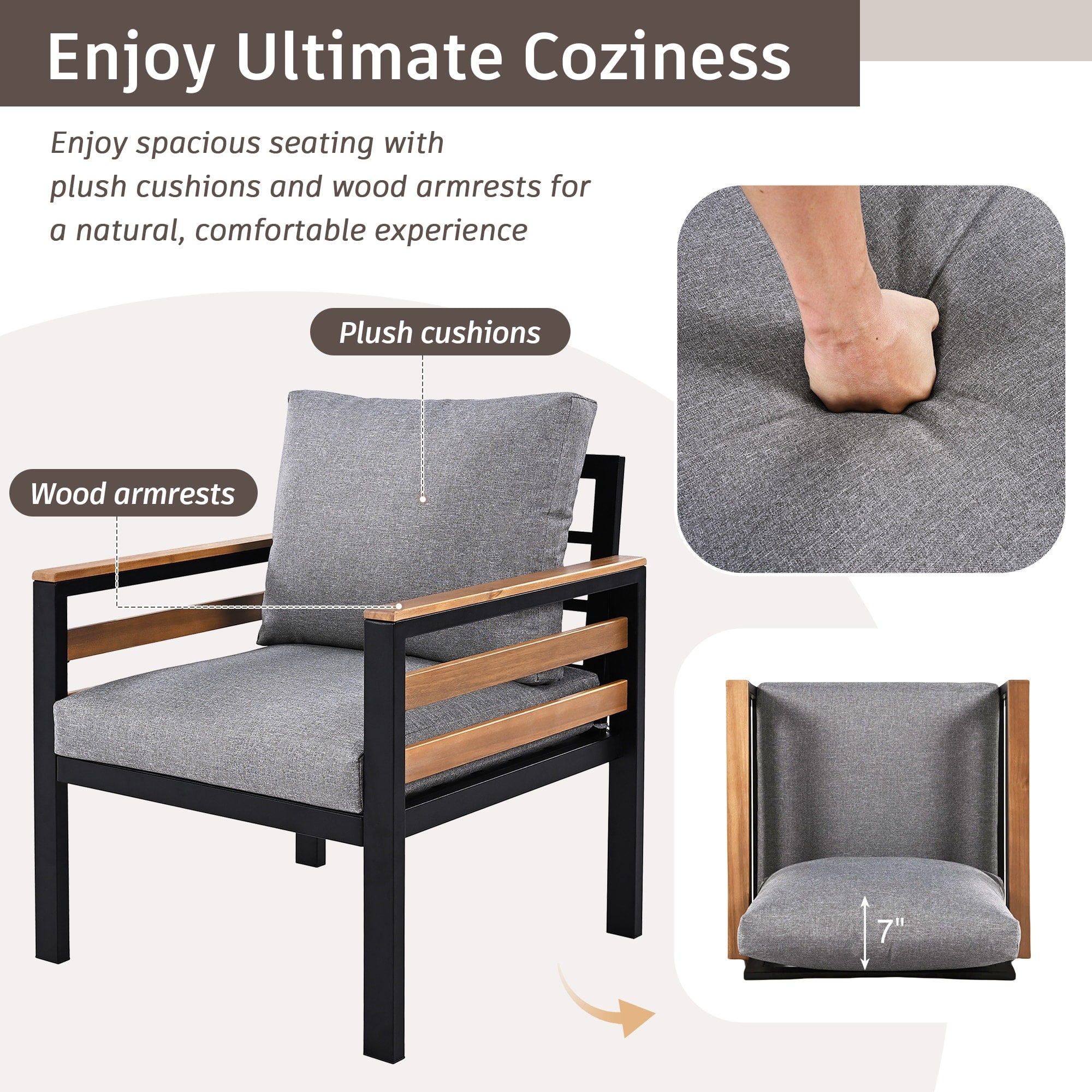 Ensemble de canapé d'extérieur 4 pièces pour 5 personnes avec coussin amovible et table basse en bois massif