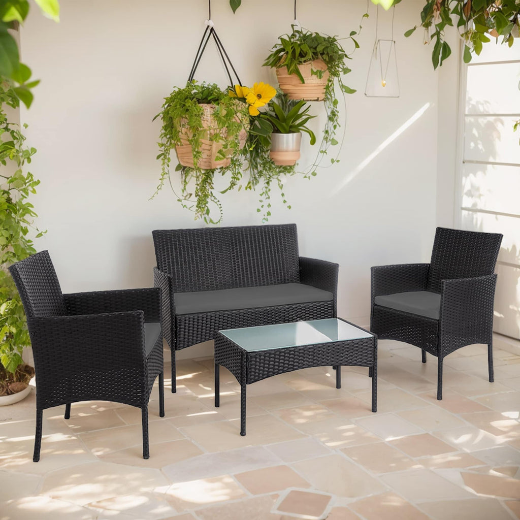 Ensemble de mobilier de jardin en résine tressée 4 pièces, canapé d'angle extérieur en rotin avec coussins