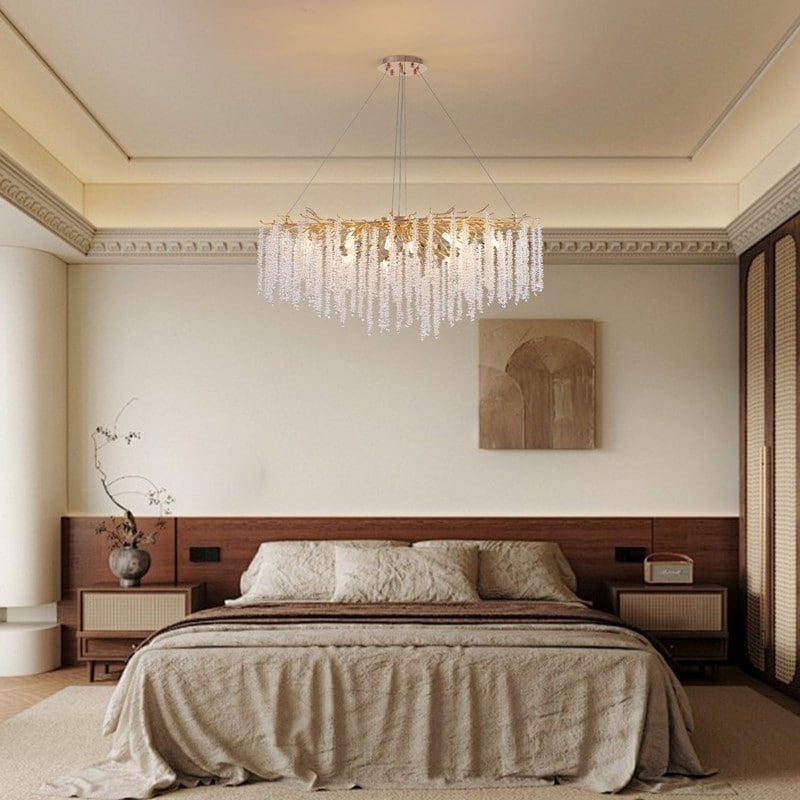 Luminaire rectangulaire moderne en cristal doré de 102 cm (40 po) avec branches d'arbre, idéal pour la salle à manger, la cuisine ou l'îlot central.