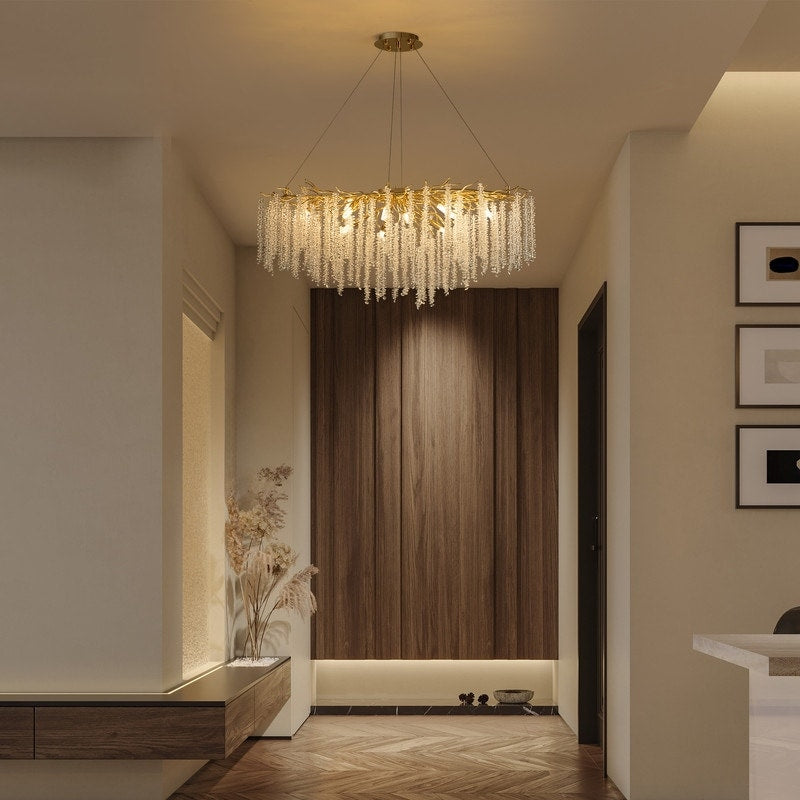 Luminaire rectangulaire moderne en cristal doré de 102 cm (40 po) avec branches d'arbre, idéal pour la salle à manger, la cuisine ou l'îlot central.