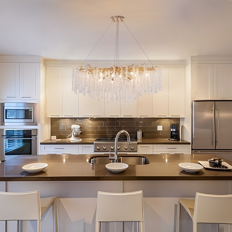 Luminaire rectangulaire moderne en cristal doré de 102 cm (40 po) avec branches d'arbre, idéal pour la salle à manger, la cuisine ou l'îlot central.