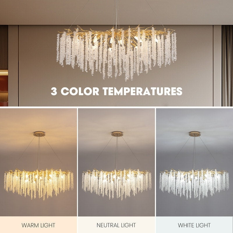 Luminaire rectangulaire moderne en cristal doré de 102 cm (40 po) avec branches d'arbre, idéal pour la salle à manger, la cuisine ou l'îlot central.