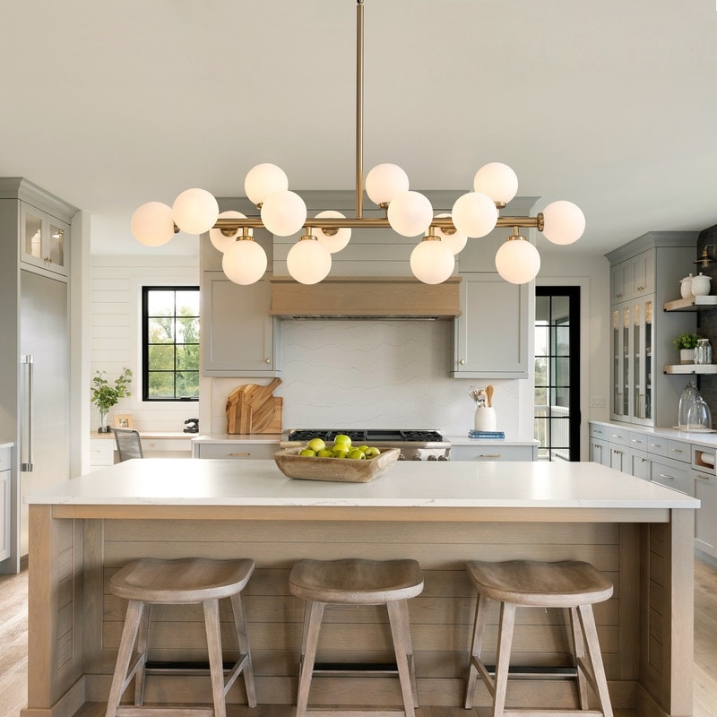 Luminaire suspendu linéaire à 16 lumières, style moderne du milieu du siècle, en laiton doré, avec globe en verre dépoli, 102 cm (40 po) pour salle à manger