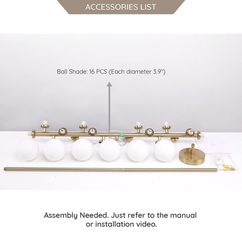 Luminaire suspendu linéaire à 16 lumières, style moderne du milieu du siècle, en laiton doré, avec globe en verre dépoli, 102 cm (40 po) pour salle à manger