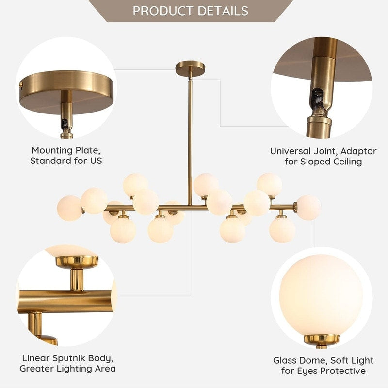 Luminaire suspendu linéaire à 16 lumières, style moderne du milieu du siècle, en laiton doré, avec globe en verre dépoli, 102 cm (40 po) pour salle à manger