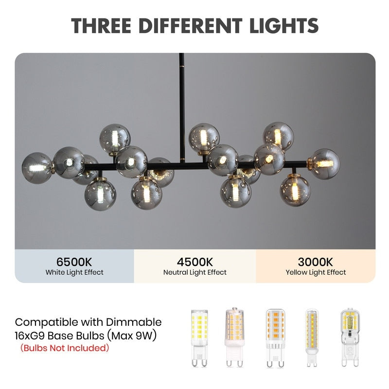 Luminaire suspendu linéaire à 16 lumières, style moderne du milieu du siècle, en laiton doré, avec globe en verre dépoli, 102 cm (40 po) pour salle à manger