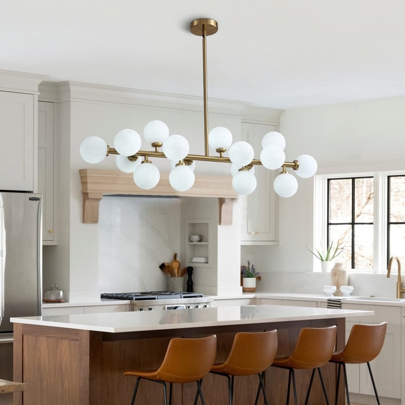 Luminaire suspendu linéaire à 16 lumières, style moderne du milieu du siècle, en laiton doré, avec globe en verre dépoli, 102 cm (40 po) pour salle à manger