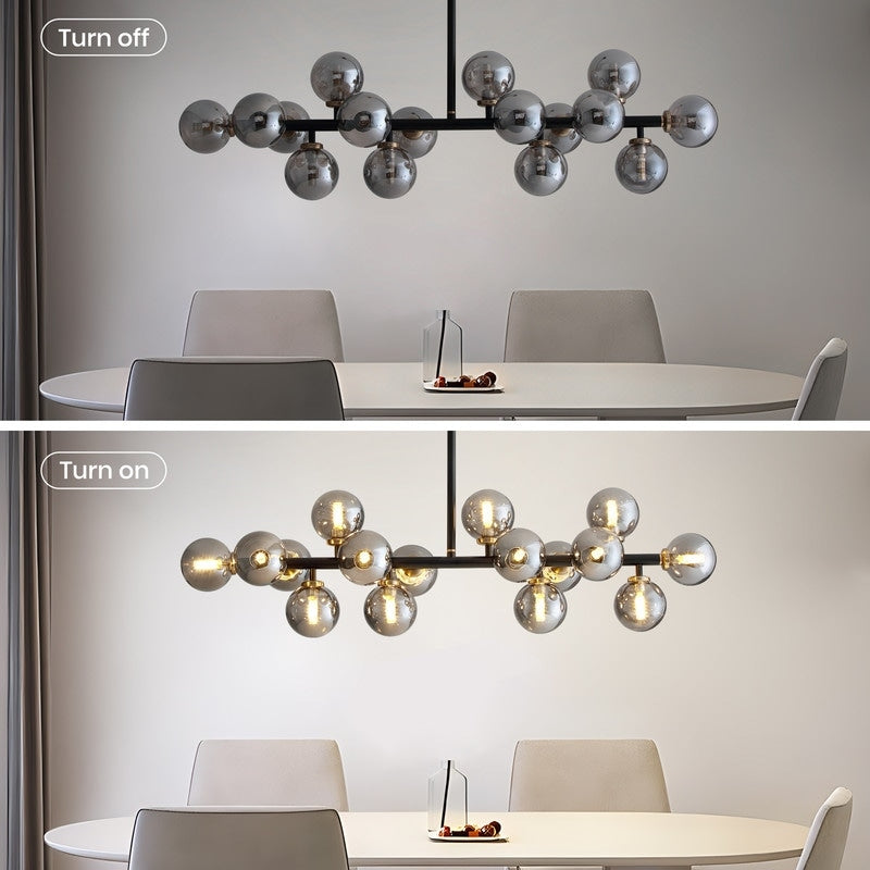 Luminaire suspendu linéaire à 16 lumières, style moderne du milieu du siècle, en laiton doré, avec globe en verre dépoli, 102 cm (40 po) pour salle à manger