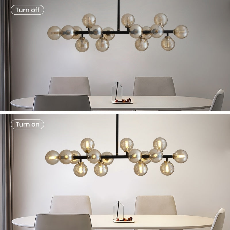 Luminaire suspendu linéaire à 16 lumières, style moderne du milieu du siècle, en laiton doré, avec globe en verre dépoli, 102 cm (40 po) pour salle à manger