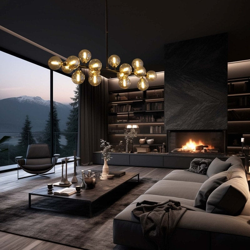 Luminaire suspendu linéaire à 16 lumières, style moderne du milieu du siècle, en laiton doré, avec globe en verre dépoli, 102 cm (40 po) pour salle à manger