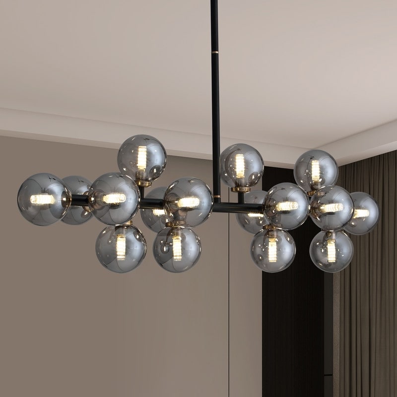 Luminaire suspendu linéaire à 16 lumières, style moderne du milieu du siècle, en laiton doré, avec globe en verre dépoli, 102 cm (40 po) pour salle à manger