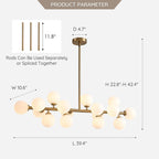 Luminaire suspendu linéaire à 16 lumières, style moderne du milieu du siècle, en laiton doré, avec globe en verre dépoli, 102 cm (40 po) pour salle à manger