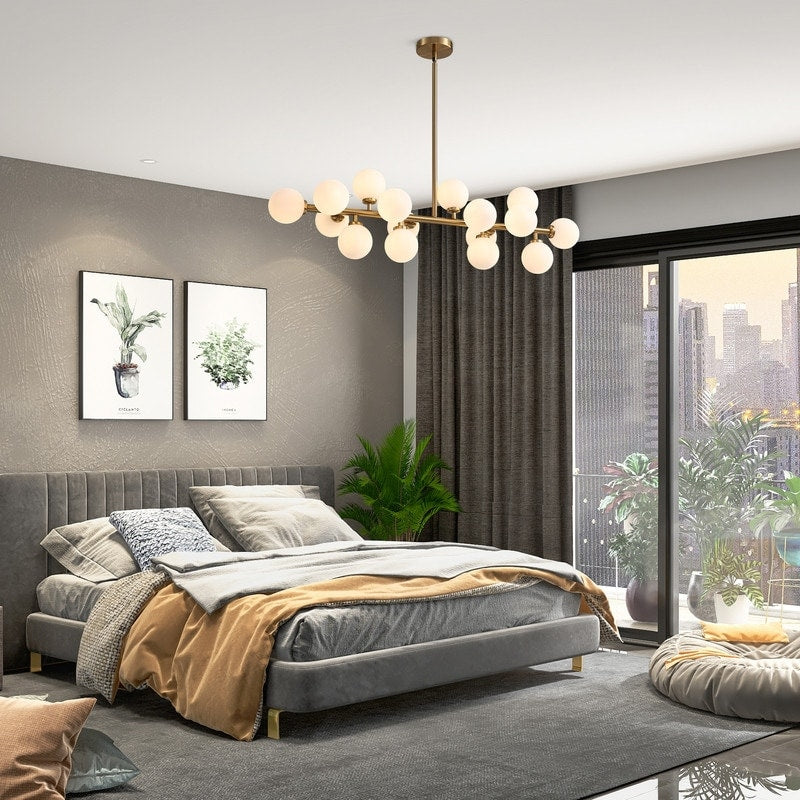 Luminaire suspendu linéaire à 16 lumières, style moderne du milieu du siècle, en laiton doré, avec globe en verre dépoli, 102 cm (40 po) pour salle à manger