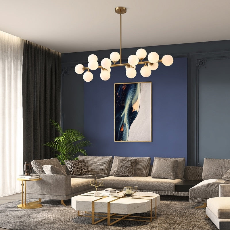 Luminaire suspendu linéaire à 16 lumières, style moderne du milieu du siècle, en laiton doré, avec globe en verre dépoli, 102 cm (40 po) pour salle à manger
