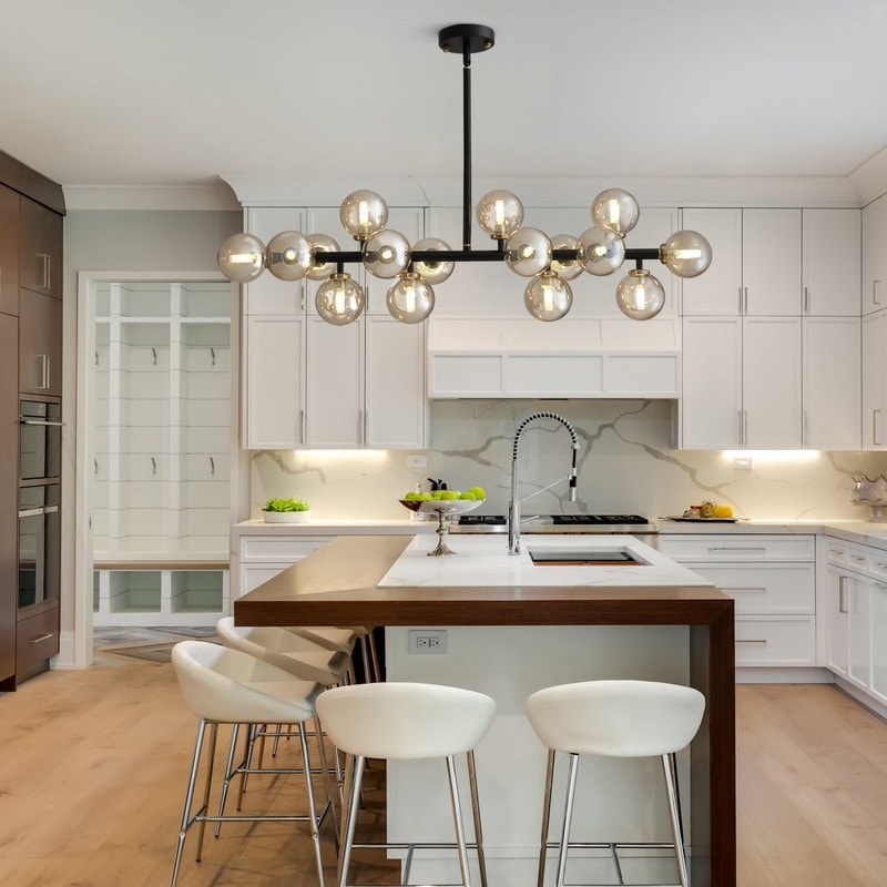 Luminaire suspendu linéaire à 16 lumières, style moderne du milieu du siècle, en laiton doré, avec globe en verre dépoli, 102 cm (40 po) pour salle à manger