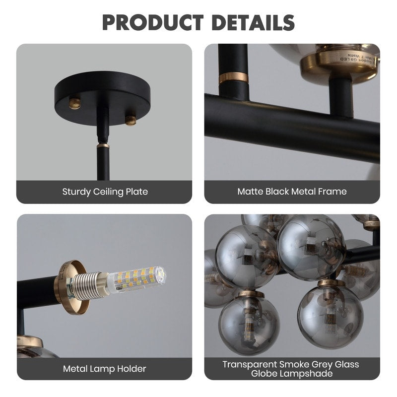 Luminaire suspendu linéaire à 16 lumières, style moderne du milieu du siècle, en laiton doré, avec globe en verre dépoli, 102 cm (40 po) pour salle à manger