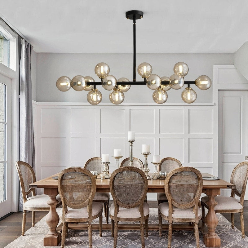 Luminaire suspendu linéaire à 16 lumières, style moderne du milieu du siècle, en laiton doré, avec globe en verre dépoli, 102 cm (40 po) pour salle à manger