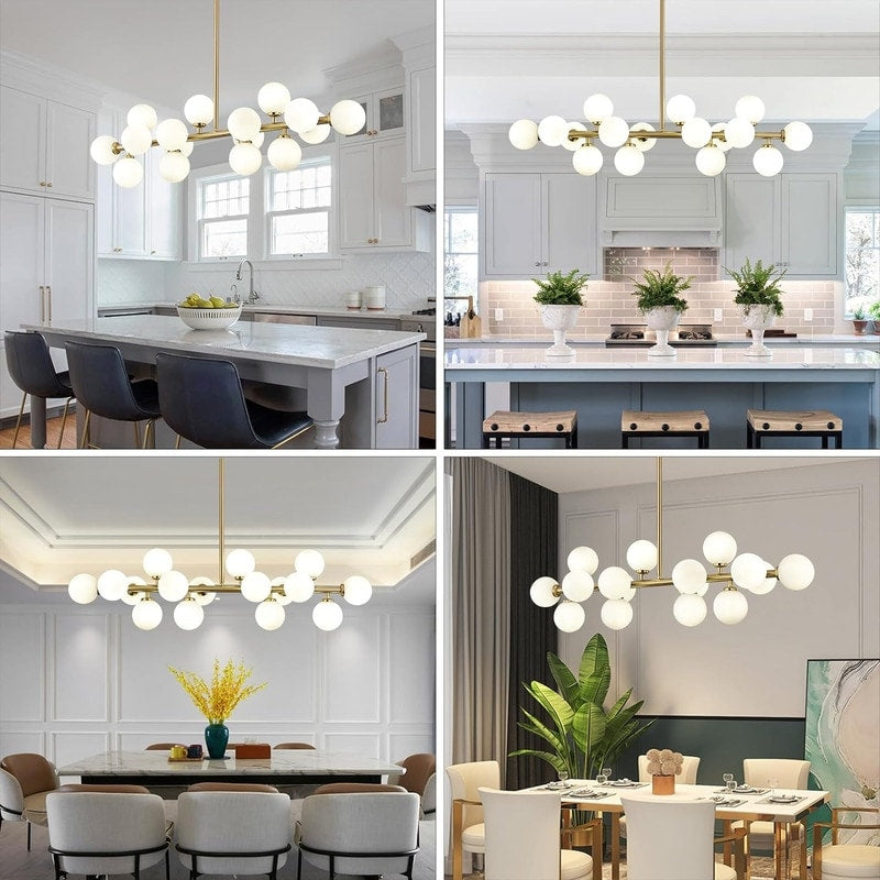 Luminaire suspendu linéaire à 16 lumières, style moderne du milieu du siècle, en laiton doré, avec globe en verre dépoli, 102 cm (40 po) pour salle à manger