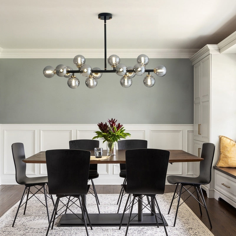 Luminaire suspendu linéaire à 16 lumières, style moderne du milieu du siècle, en laiton doré, avec globe en verre dépoli, 102 cm (40 po) pour salle à manger