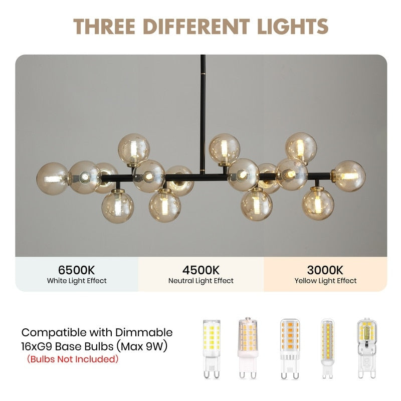 Luminaire suspendu linéaire à 16 lumières, style moderne du milieu du siècle, en laiton doré, avec globe en verre dépoli, 102 cm (40 po) pour salle à manger