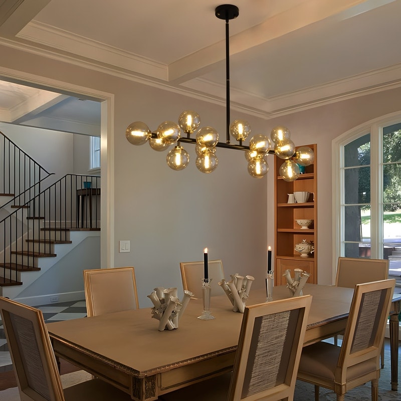 Luminaire suspendu linéaire à 16 lumières, style moderne du milieu du siècle, en laiton doré, avec globe en verre dépoli, 102 cm (40 po) pour salle à manger