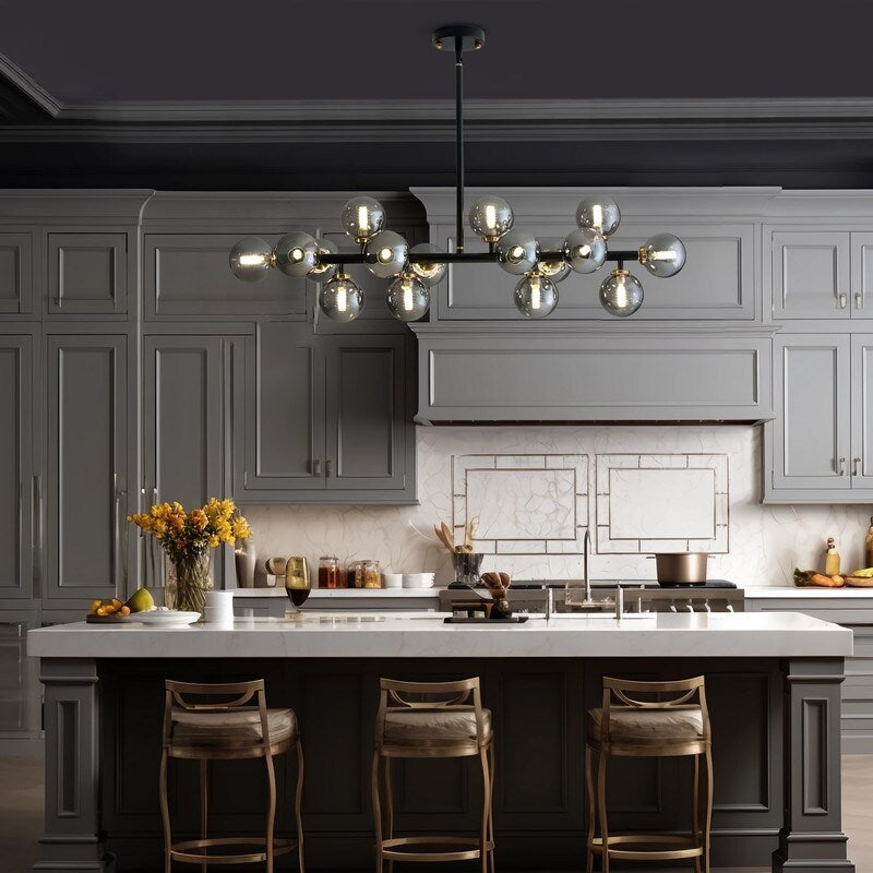 Luminaire suspendu linéaire à 16 lumières, style moderne du milieu du siècle, en laiton doré, avec globe en verre dépoli, 102 cm (40 po) pour salle à manger