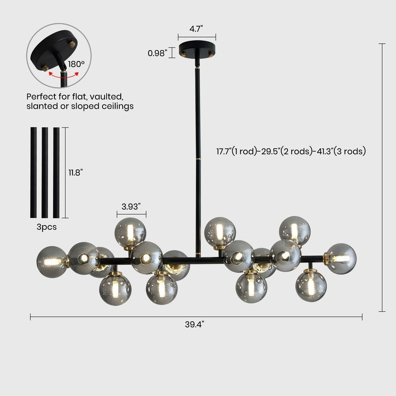 Luminaire suspendu linéaire à 16 lumières, style moderne du milieu du siècle, en laiton doré, avec globe en verre dépoli, 102 cm (40 po) pour salle à manger