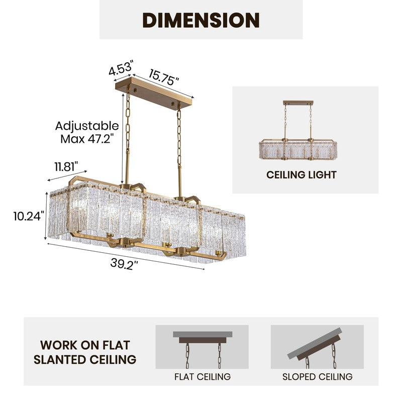 Luminaires suspendus rectangulaires modernes en cristal de 40 pouces, 16 lumières, dorés en laiton, pour salle à manger, salon, îlot de cuisine.