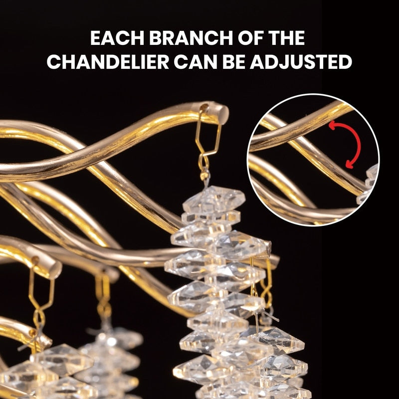 Luminaire rectangulaire moderne en cristal doré de 102 cm (40 po) avec branches d'arbre, idéal pour la salle à manger, la cuisine ou l'îlot central.