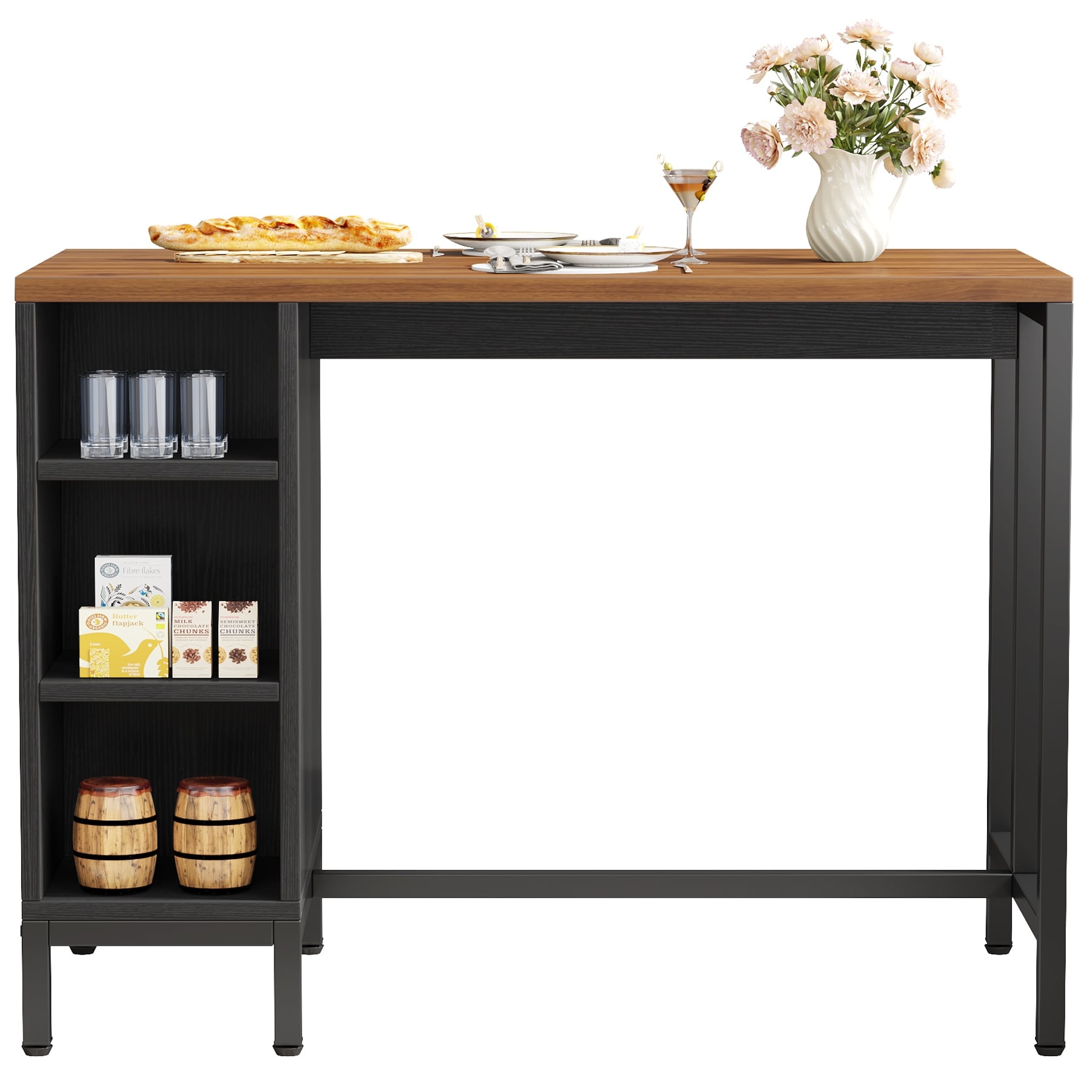 Îlot de cuisine de 43 pouces de large, table de cuisine avec 5 étagères ouvertes.