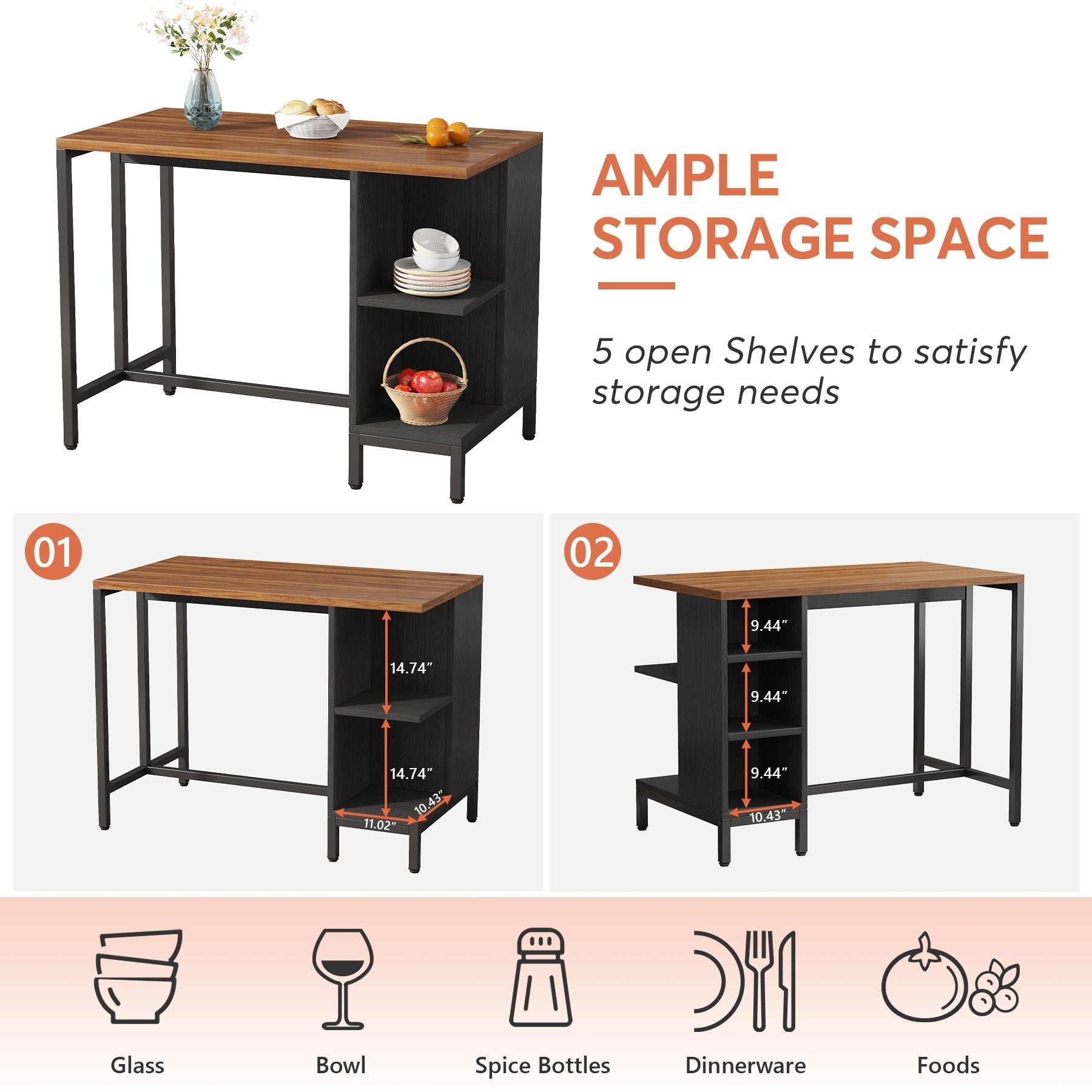 Îlot de cuisine de 43 pouces de large, table de cuisine avec 5 étagères ouvertes.