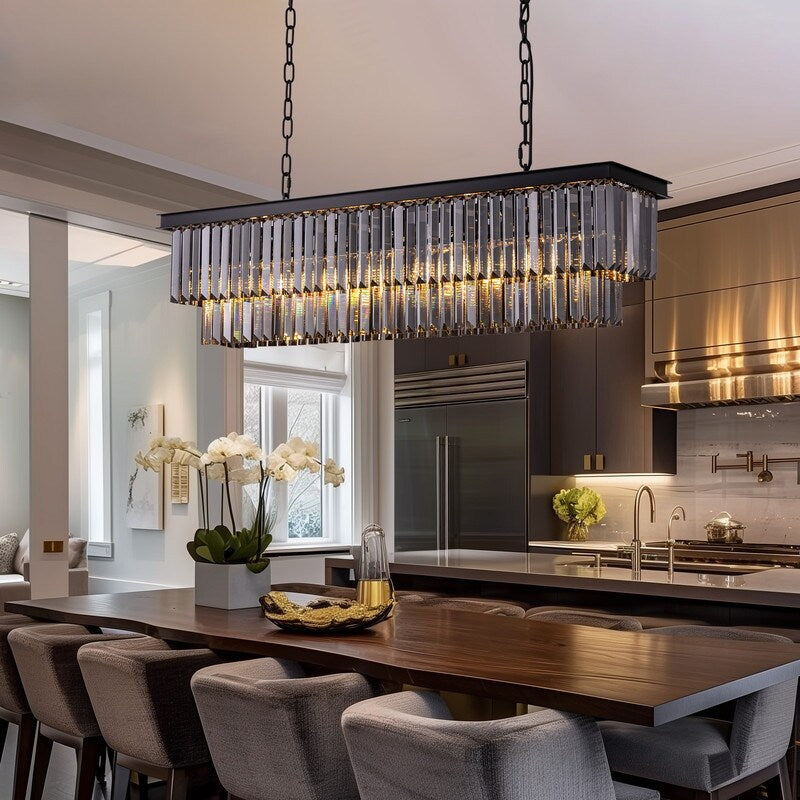 Luminaire suspendu à 2 niveaux pour îlot de cuisine, salle à manger, style moderne et contemporain, en cristal gris fumé et noir, 47 po.