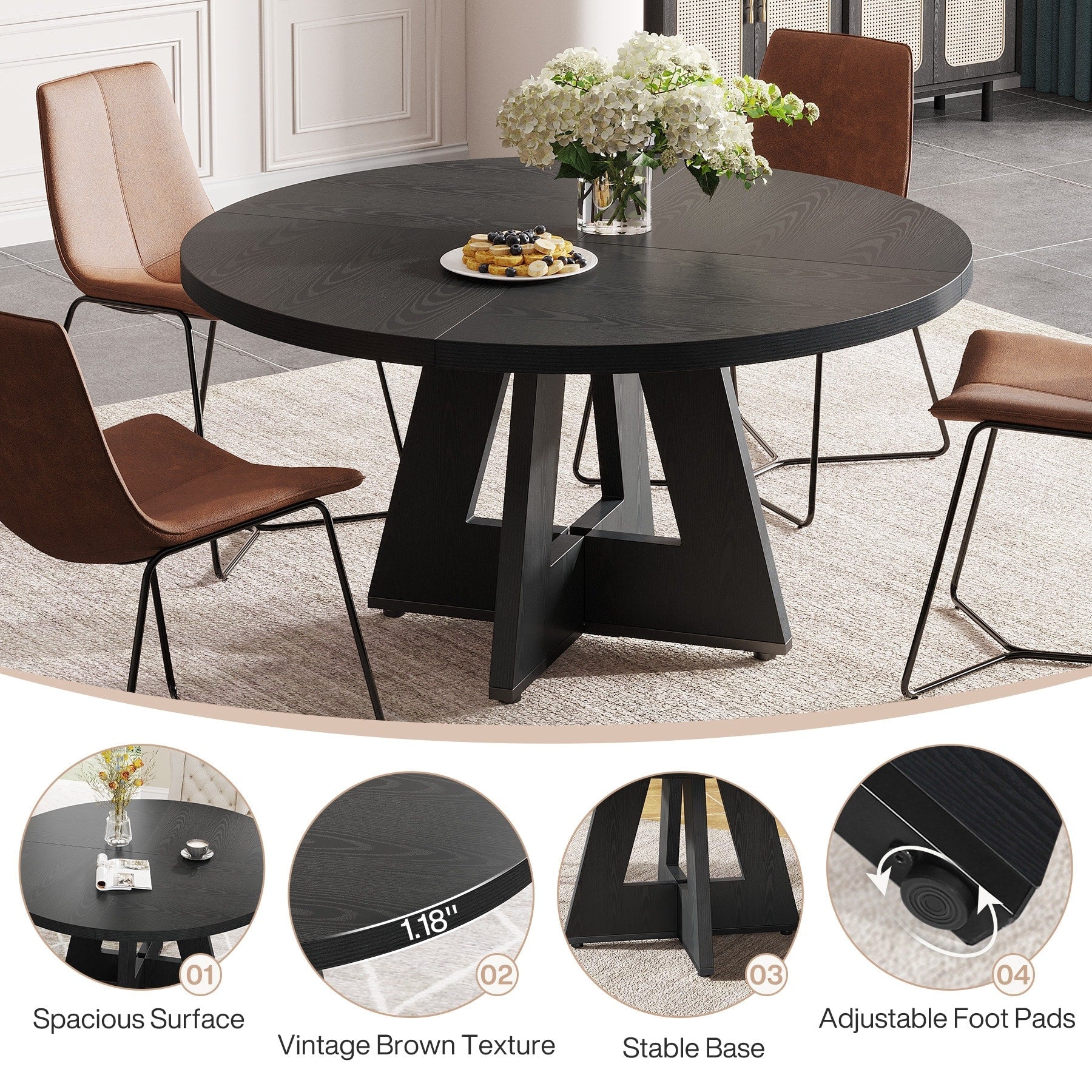 Table de salle à manger ronde de 47 pouces pour 4 personnes, table de cuisine de style farmhouse, petite table de repas en bois pour salle à manger et salon.