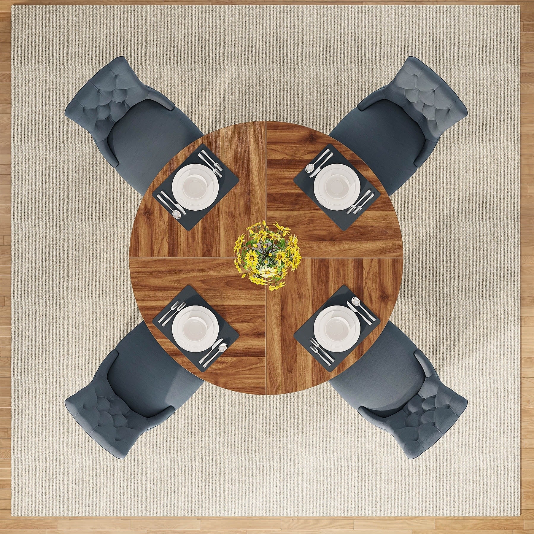 Table de salle à manger ronde de 47 pouces pour 4 personnes, table de cuisine de style farmhouse, petite table de repas en bois pour salle à manger et salon.