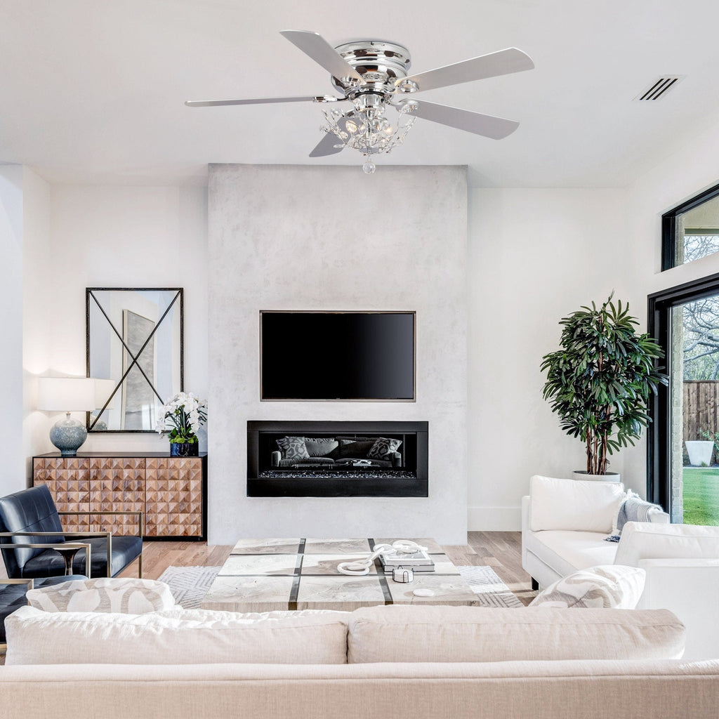 Ventilateur de plafond moderne à 5 pales réversibles, à montage encastré, avec télécommande, 48 pouces, en cristal.